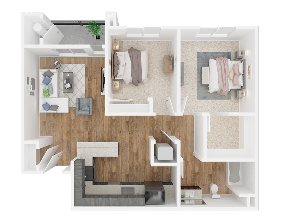 Floor plan for 2 beds, 1 bath, 910 sqft